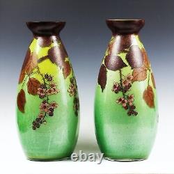 14H Pair Antique Art Nouveau French art glass Vases signed enamelled flowers