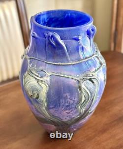 14 Signed Vase Jean-Claude Novaro 1986 Iridescent Cobalt Blue Studio Glass Vase
