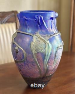 14 Signed Vase Jean-Claude Novaro 1986 Iridescent Cobalt Blue Studio Glass Vase