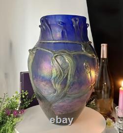 14 Signed Vase Jean-Claude Novaro 1986 Iridescent Cobalt Blue Studio Glass Vase