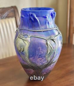 14 Signed Vase Jean-Claude Novaro 1986 Iridescent Cobalt Blue Studio Glass Vase