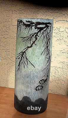 14 X 5 French Cameo Glass Vase Pine Cone Mofit Acid Etched Art Deco Large