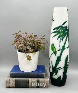 16 Emile Galle Style Green Bamboo and Bird Cut Frosted Glass Vase