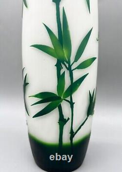 16 Emile Galle Style Green Bamboo and Bird Cut Frosted Glass Vase