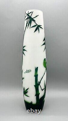 16 Emile Galle Style Green Bamboo and Bird Cut Frosted Glass Vase