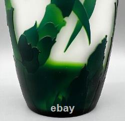 16 Emile Galle Style Green Bamboo and Bird Cut Frosted Glass Vase