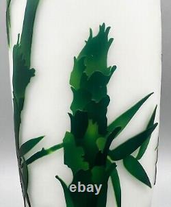 16 Emile Galle Style Green Bamboo and Bird Cut Frosted Glass Vase