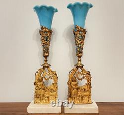 17 Antique Blue Glass Epergne Vases Marble Mantle Set Gilt Metal Belle Epoque