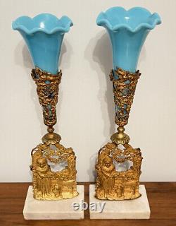 17 Antique Blue Glass Epergne Vases Marble Mantle Set Gilt Metal Belle Epoque