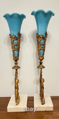 17 Antique Blue Glass Epergne Vases Marble Mantle Set Gilt Metal Belle Epoque
