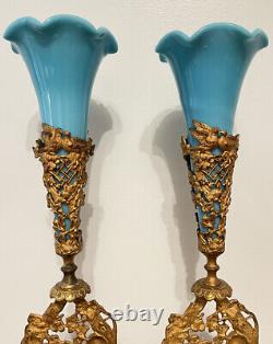 17 Antique Blue Glass Epergne Vases Marble Mantle Set Gilt Metal Belle Epoque