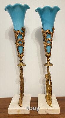 17 Antique Blue Glass Epergne Vases Marble Mantle Set Gilt Metal Belle Epoque