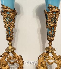 17 Antique Blue Glass Epergne Vases Marble Mantle Set Gilt Metal Belle Epoque