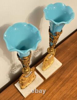 17 Antique Blue Glass Epergne Vases Marble Mantle Set Gilt Metal Belle Epoque