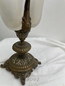 1800s FRENCH BRASS BASE Blown GLASS Victorian VASE Fluted Ruffle Frosted 11