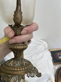 1800s FRENCH BRASS BASE Blown GLASS Victorian VASE Fluted Ruffle Frosted 11