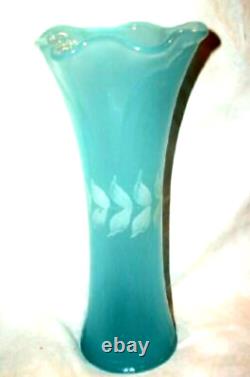 1880s FRENCH BLUE OPALINE GLASS VASE HP WHITE RUFFLED TEXTURED CASED HAND BLOWN