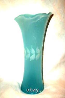 1880s FRENCH BLUE OPALINE GLASS VASE HP WHITE RUFFLED TEXTURED CASED HAND BLOWN