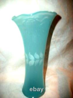 1880s FRENCH BLUE OPALINE GLASS VASE HP WHITE RUFFLED TEXTURED CASED HAND BLOWN