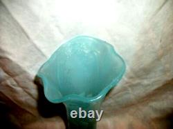1880s FRENCH BLUE OPALINE GLASS VASE HP WHITE RUFFLED TEXTURED CASED HAND BLOWN