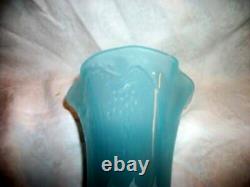 1880s FRENCH BLUE OPALINE GLASS VASE HP WHITE RUFFLED TEXTURED CASED HAND BLOWN