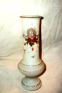 1890s FRENCH OPALINE CLAM BROTH GLASS VASE HP MORIAGE FLORAL HANDBLOWN PONTIL