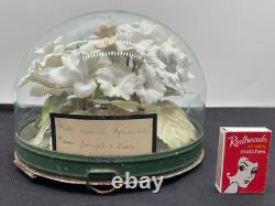 1900 Victorian Cemetry/funeral Immortelle Glass Dome Ceramic Bisque Flowers Dove