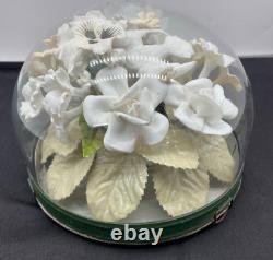 1900 Victorian Cemetry/funeral Immortelle Glass Dome Ceramic Bisque Flowers Dove