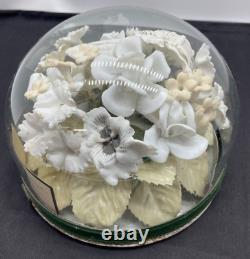 1900 Victorian Cemetry/funeral Immortelle Glass Dome Ceramic Bisque Flowers Dove