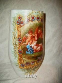 1900s FRENCH HP MILK GLASS VASE OPALINE LADY CHERUB LARGE UNUSUAL ANTIQUE FRANCE