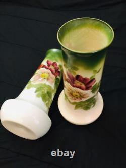 1910 Antiques French Glass Vases Set Hand Painted Art Nouveau Translucent Floral
