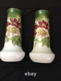 1910 Antiques French Glass Vases Set Hand Painted Art Nouveau Translucent Floral
