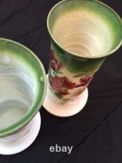 1910 Antiques French Glass Vases Set Hand Painted Art Nouveau Translucent Floral