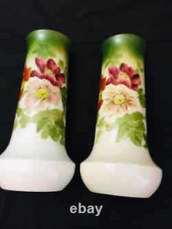 1910 Antiques French Glass Vases Set Hand Painted Art Nouveau Translucent Floral