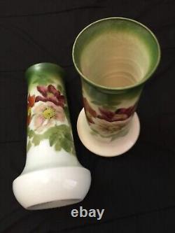 1910 Antiques French Glass Vases Set Hand Painted Art Nouveau Translucent Floral
