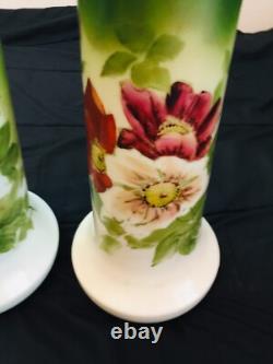 1910 Antiques French Glass Vases Set Hand Painted Art Nouveau Translucent Floral