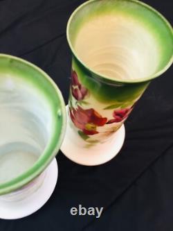 1910 Antiques French Glass Vases Set Hand Painted Art Nouveau Translucent Floral