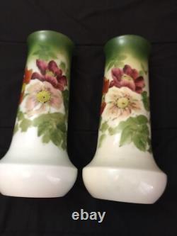 1910 Antiques French Glass Vases Set Hand Painted Art Nouveau Translucent Floral