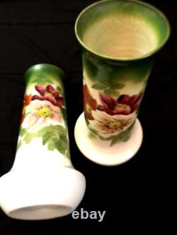 1910 Antiques French Glass Vases Set Hand Painted Art Nouveau Translucent Floral