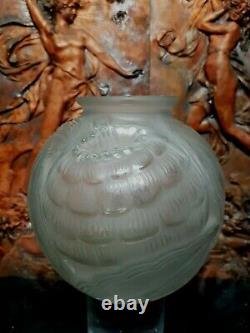 1920's French Pierre D'avesn Art Deco Molded Floral Frosted Globe Glass Vase