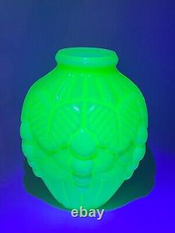 1920s Art Deco French Opaline Celadon Uranium Vaseline Glass Vase Large Relief