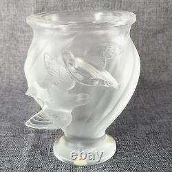 1950s Lalique Small French Crystal Glass Rosine Vase with Birds in Flight Signed