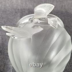 1950s Lalique Small French Crystal Glass Rosine Vase with Birds in Flight Signed