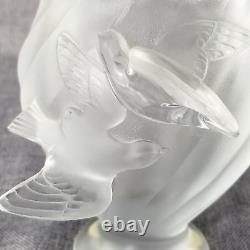 1950s Lalique Small French Crystal Glass Rosine Vase with Birds in Flight Signed