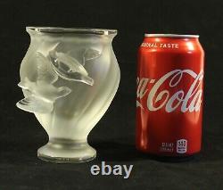 1950s Lalique Small French Crystal Glass Rosine Vase with Birds in Flight Signed
