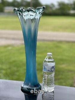 1970's French 17 LARGE Vase MCM Aqua Blue Blown Glass Flower Child Thick