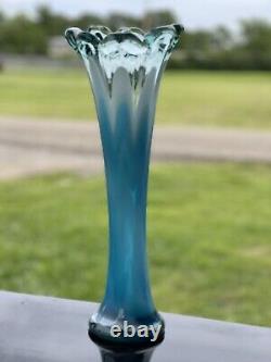 1970's French 17 LARGE Vase MCM Aqua Blue Blown Glass Flower Child Thick