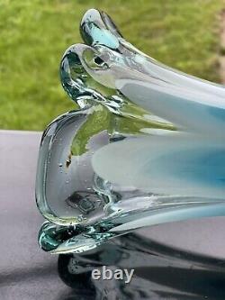 1970's French 17 LARGE Vase MCM Aqua Blue Blown Glass Flower Child Thick