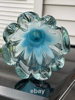 1970's French 17 LARGE Vase MCM Aqua Blue Blown Glass Flower Child Thick