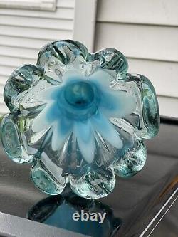 1970's French 17 LARGE Vase MCM Aqua Blue Blown Glass Flower Child Thick